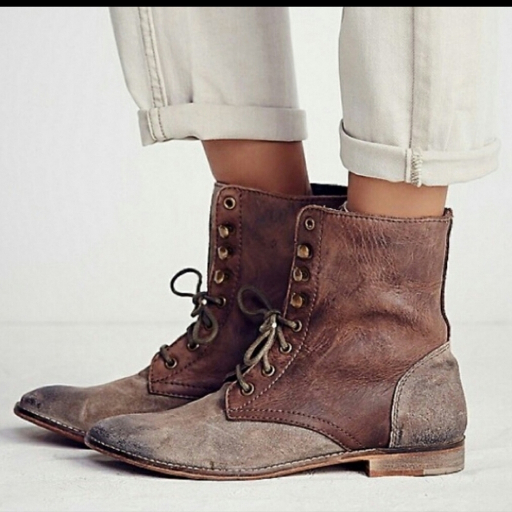 FREE PEOPLE Bohemian Laceup Ankle Boots Distressed Leather/Suede EU 38 US 7.5